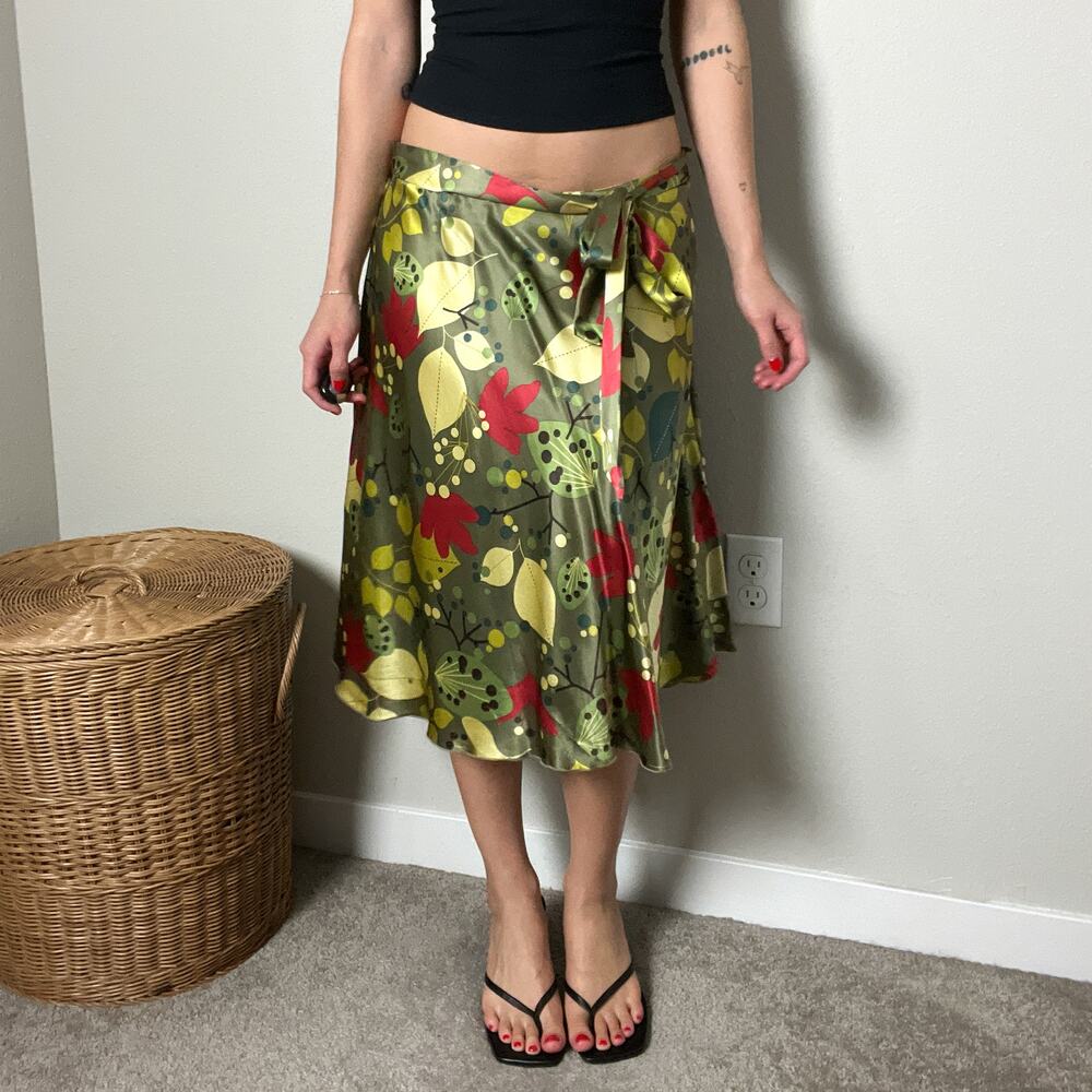 y2k vintage green floral boho silk waist tie belted flowy midi skirt